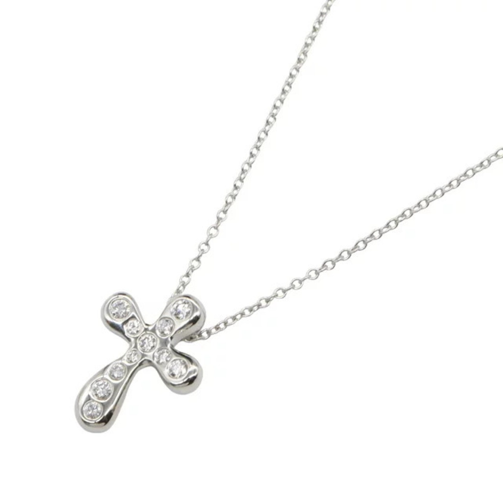 Tiffany Co Cross Diamond Necklace Platinum Silver Clear Tone